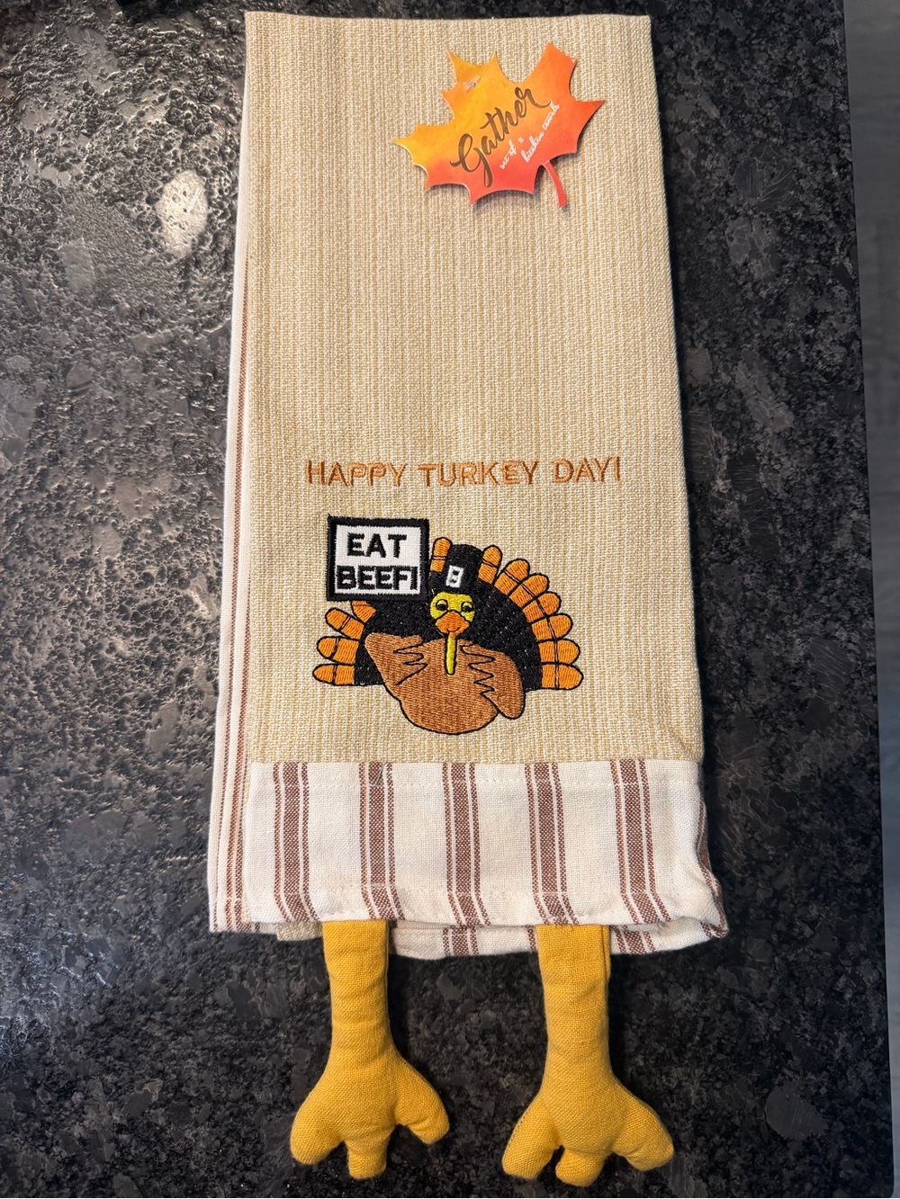 Thanksgiving 'Happy Turkey Day' Beige Kitchen Towel with Yellow Turkey Feet